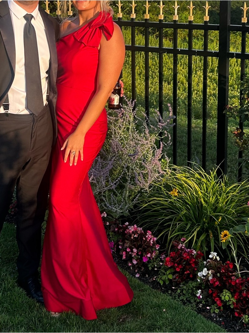 Bari Jay One-Shoulder Red Evening Gown with Bow Detail